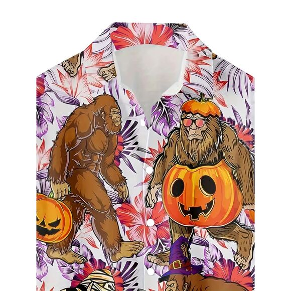 Sasquatch Big Foot Hawaiian Halloween Fall Button Down Casual Men's Shirt XXL #L - Picture 4 of 5